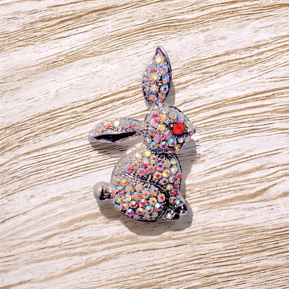 Bunny Rabbit White, Iridescent, Silver, & Rhinestone Brooch Pin - Picture 3 of 6